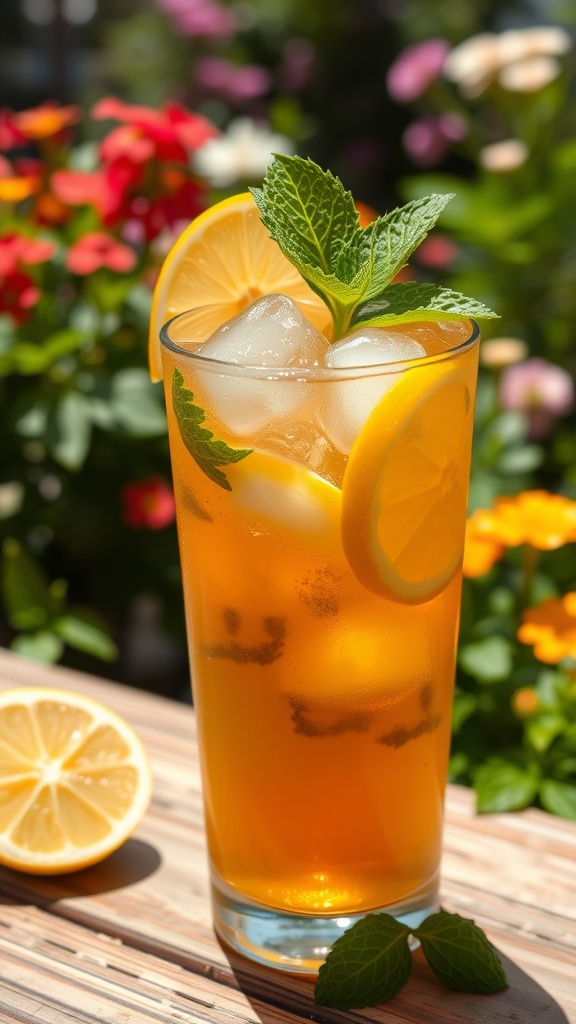 A refreshing spiked iced tea with rum, garnished with lemon and mint, in a summer garden.